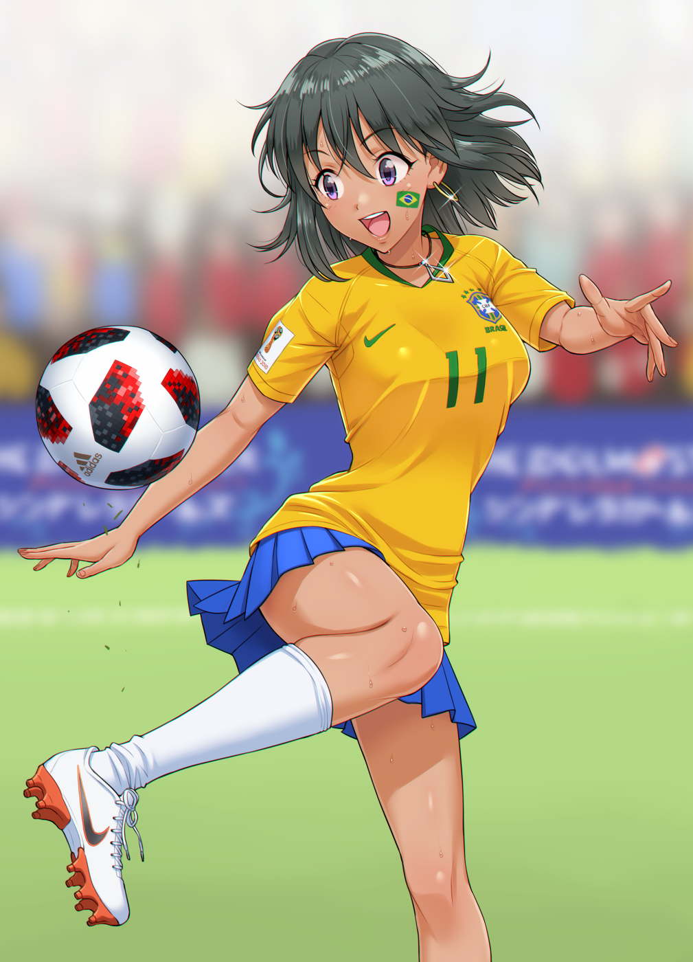 1girl 2018_fifa_world_cup adidas ball bangs black_hair blue_skirt blurry blush brazil brazilian brazilian_flag breasts cleats clothes_writing dark_skin depth_of_field earrings eyebrows_visible_through_hair facepaint flag grass grey_hair highres idolmaster idolmaster_cinderella_girls jersey jewelry kicking kneehighs medium_breasts natalia_(idolmaster) necklace nigou nike open_mouth outdoors pleated_skirt shoelaces short_hair short_sleeves skirt smile soccer soccer_ball soccer_uniform solo sportswear standing sweat telstar_18 violet_eyes white_legwear world_cup