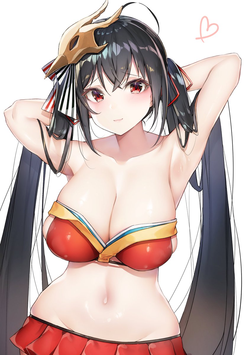 1girl adapted_costume ahoge armpits arms_behind_head azur_lane bangs bare_shoulders bikini black_hair blush breasts cleavage collarbone commentary_request downscaled eyebrows_visible_through_hair groin hair_between_eyes hair_ornament hair_ribbon heart highres huge_breasts large_breasts long_hair looking_at_viewer mask mask_on_head miniskirt navel pleated_skirt red_eyes red_ribbon red_skirt resized ribbon shiny shiny_skin sidelocks simple_background skindentation skirt smile solo stomach striped striped_ribbon swimsuit taihou_(azur_lane) twintails very_long_hair white_background yayoichi_(yoruyoru108)