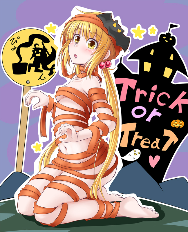 2girls bare_shoulders bat_hair_ornament blonde_hair blush breasts fang hair_bobbles hair_ornament halloween ichimi kantai_collection mallet moon_rabbit multiple_girls mummy_costume navel open_mouth satsuki_(kantai_collection) seiza sitting small_breasts smile trick_or_treat uzuki_(kantai_collection) yellow_eyes