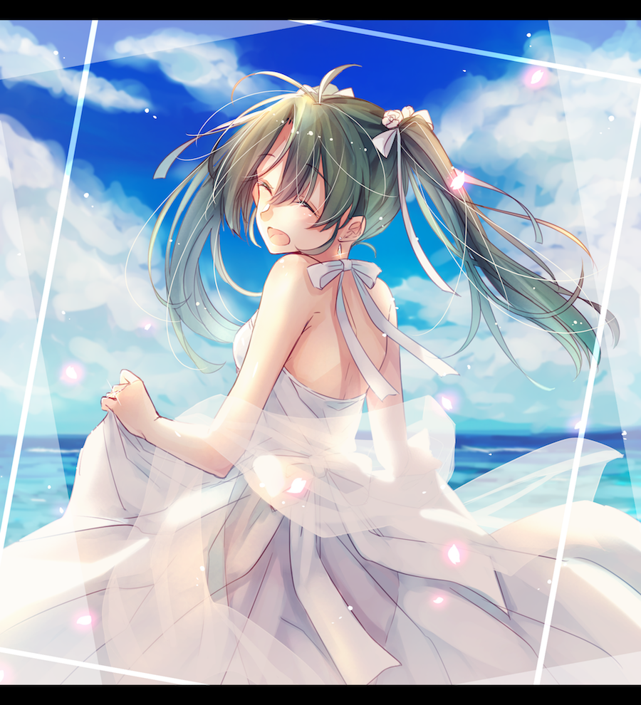 1girl 916200 backless_dress backless_outfit blue_sky closed_eyes clouds day dress floating_hair green_hair head_tilt kantai_collection long_dress long_hair ocean open_mouth outdoors see-through_silhouette sky sleeveless sleeveless_dress smile solo standing sundress twintails white_dress zuikaku_(kantai_collection)