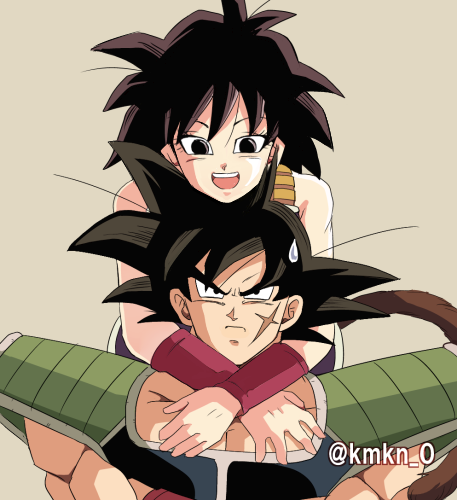 1boy 1girl :d armor arms_around_neck bardock bare_arms bare_shoulders black_eyes black_hair chin_on_head chin_rest dragon_ball frown gine grey_background happy hug hug_from_behind looking_at_another looking_up lowres nervous open_mouth scar serious shaded_face short_hair simple_background smile spiky_hair sweatdrop twitter_username upper_body