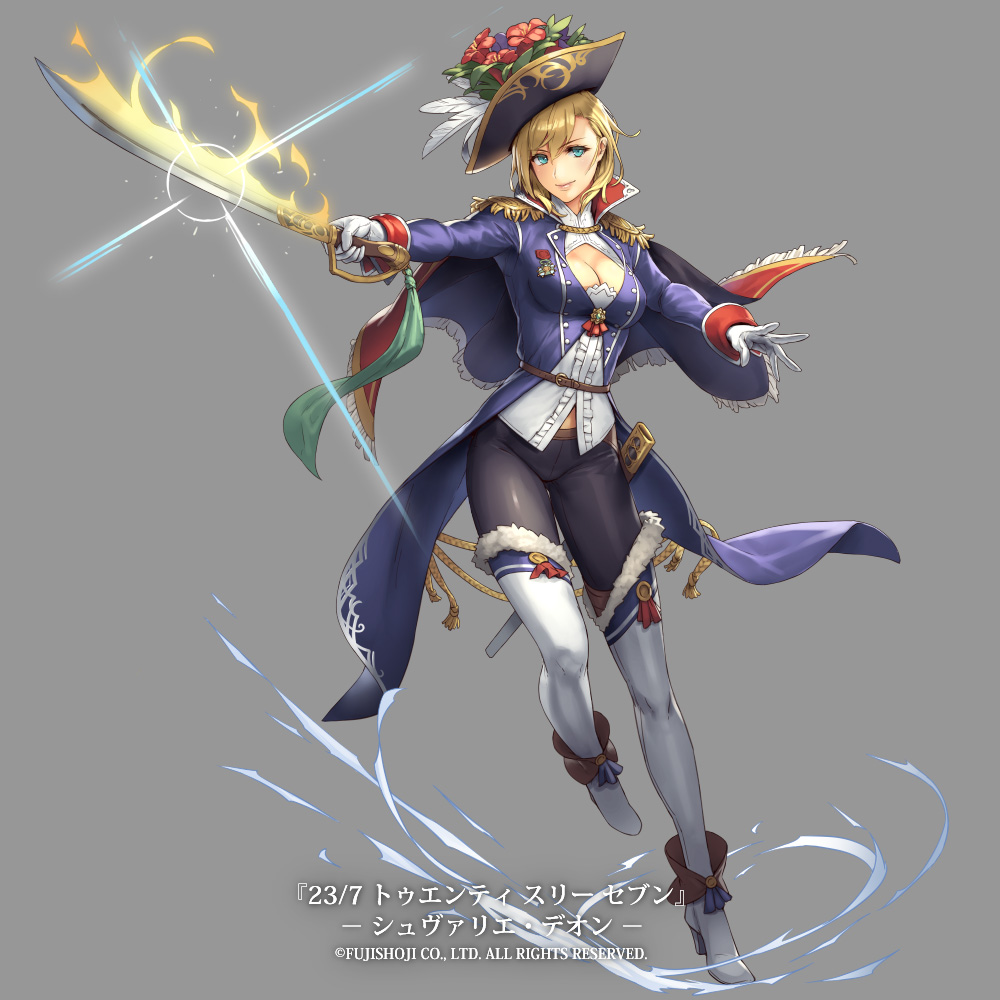 1girl 23/7 black_hat black_pants blonde_hair blue_eyes breasts cape copyright_name cuboon epaulettes flaming_sword flower full_body glint gloves hat hat_feather hat_flower medal medium_breasts official_art pants red_cape sheath solo standing watermark white_gloves white_legwear