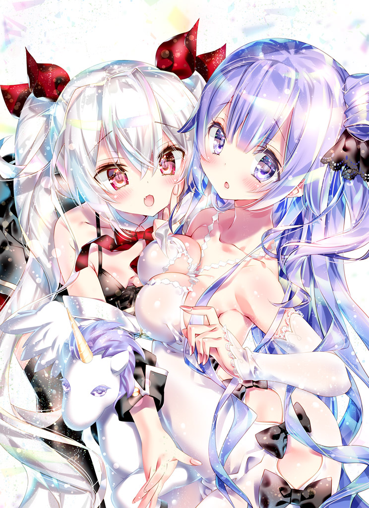 2girls :d :o azur_lane bangs bare_shoulders bikini_top black_bikini_top black_bow black_dress black_legwear black_ribbon blush bow bowtie breasts cleavage collarbone commentary_request detached_collar detached_sleeves dress eyebrows_visible_through_hair fang fingernails hair_between_eyes hair_bun hair_ribbon halterneck kamiya_maneki leaning_forward long_hair long_sleeves looking_at_viewer looking_to_the_side medium_breasts multiple_girls one_side_up open_mouth parted_lips purple_hair red_eyes red_neckwear red_ribbon ribbon side_bun side_cutout silver_hair sleeves_past_wrists smile stuffed_alicorn stuffed_animal stuffed_toy thigh-highs twintails unicorn_(azur_lane) vampire_(azur_lane) very_long_hair violet_eyes white_collar white_dress wing_collar