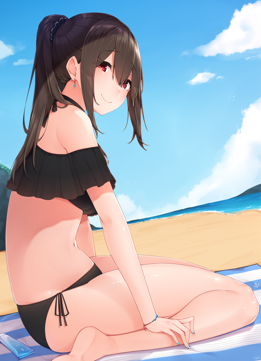 1girl bangs bare_shoulders barefoot beach beach_towel bikini black_bikini black_choker black_hair black_neckwear blue_nails blue_sky blunt_bangs bracelet breasts choker choukai_(kantai_collection) closed_mouth clouds day earrings eyebrows_visible_through_hair glasses hair_ornament hair_up hairclip highres hime_cut jewelry kantai_collection legs long_hair looking_at_viewer nail_polish navel outdoors ponytail raised_eyebrows red_eyes sand scrunchie seiza shore side-tie_bikini sitting sky smile solo stomach swimsuit thighs towel water yukichi_(sukiyaki39)