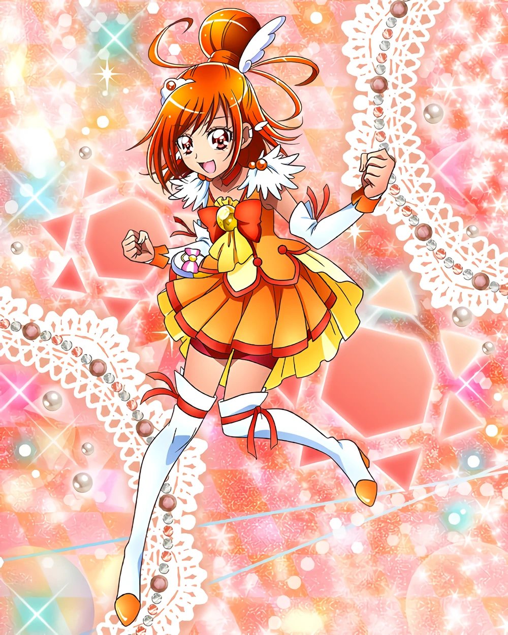 1girl boots choker clenched_hands cure_sunny earrings full_body hair_bun highres hino_akane_(smile_precure!) jewelry long_hair magical_girl official_art open_mouth orange_choker orange_skirt pleated_skirt pouch precure precure_connection_puzzlun red_eyes redhead skirt smile smile_precure! solo thigh_boots third-party_source white_footwear