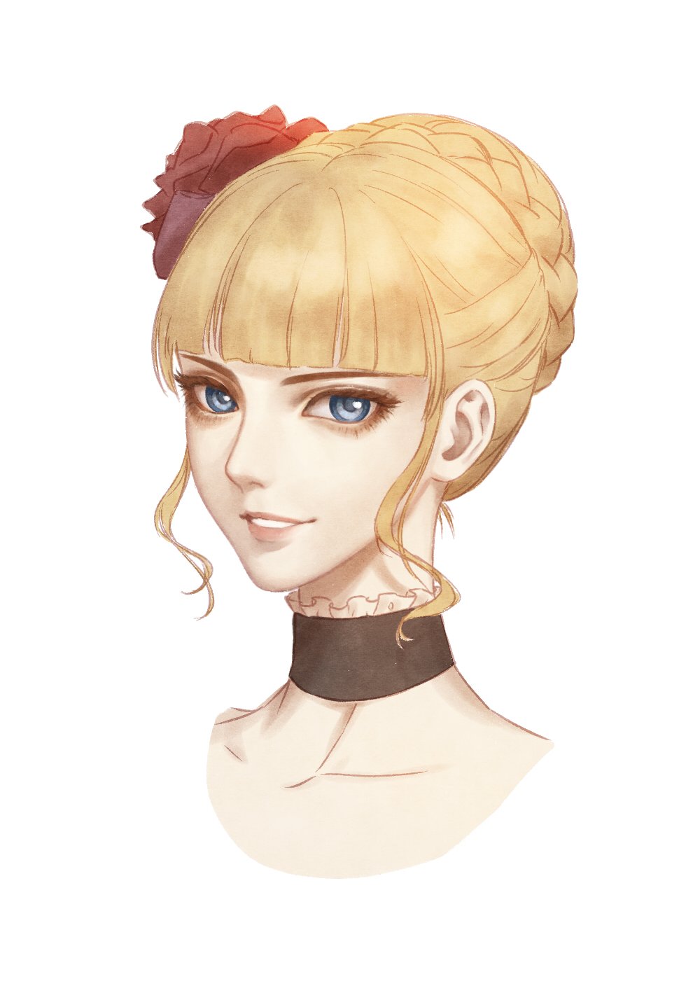 1girl aluce bangs beatrice blonde_hair blue_eyes blunt_bangs braid choker commentary eyelashes flower frilled_choker frills grin hair_flower hair_ornament highres looking_at_viewer parted_lips portrait red_flower red_rose rose short_hair simple_background smile solo symbol_commentary umineko_no_naku_koro_ni white_background white_frills