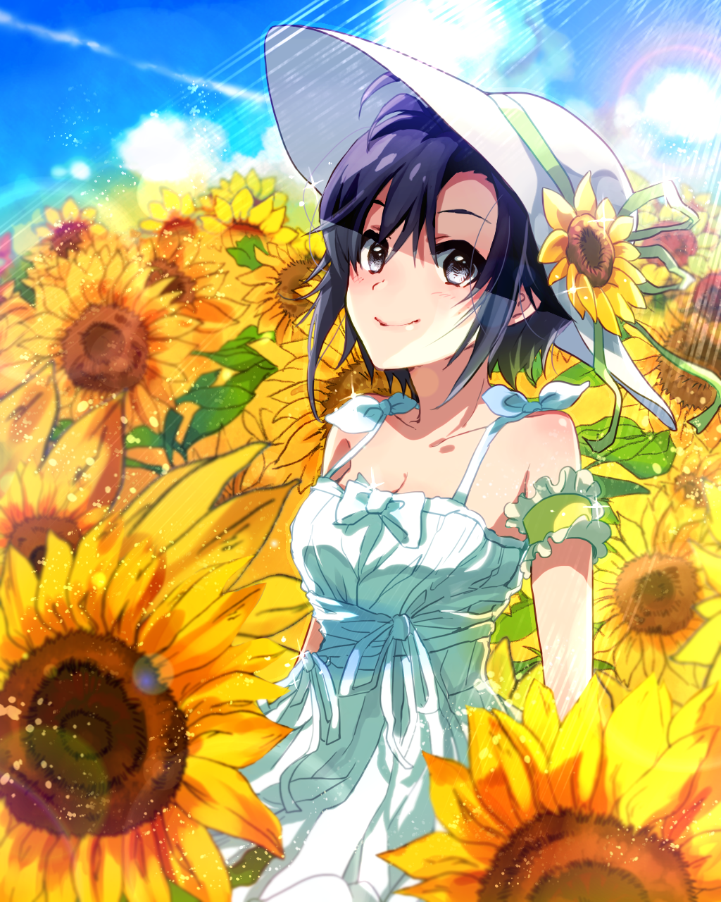 1girl anaroguya arm_strap black_hair blue_sky breasts cleavage clouds collarbone day dress flower green_ribbon grey_eyes hair_between_eyes hat hat_flower hat_ribbon highres idolmaster idolmaster_(classic) kikuchi_makoto lens_flare looking_at_viewer medium_breasts outdoors ribbon short_hair sky sleeveless sleeveless_dress smile solo sun_hat sundress sunflower sunlight white_dress white_hat yellow_flower