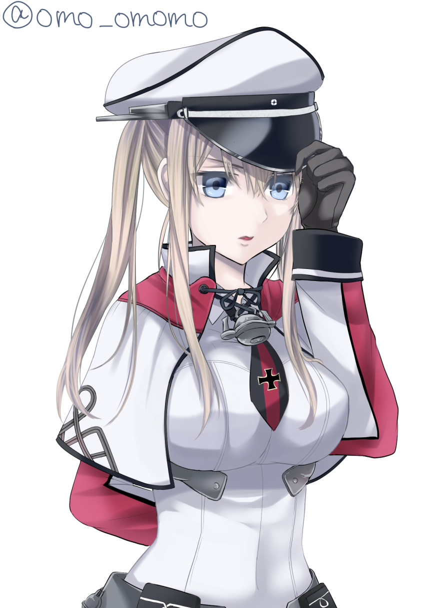 1girl adjusting_clothes adjusting_hat anchor arm_behind_back black_gloves black_ribbon blonde_hair blue_eyes breasts capelet celtic_knot collared_shirt commentary_request covered_navel dress_shirt gloves graf_zeppelin_(kantai_collection) hat hat_tip high_collar highres impossible_clothes impossible_shirt iron_cross kantai_collection large_breasts long_hair long_sleeves military military_uniform necktie omoomomo parted_lips peaked_cap red_neckwear revision ribbon rigging shirt short_necktie sidelocks simple_background solo twitter_username uniform upper_body white_background white_capelet white_shirt wing_collar