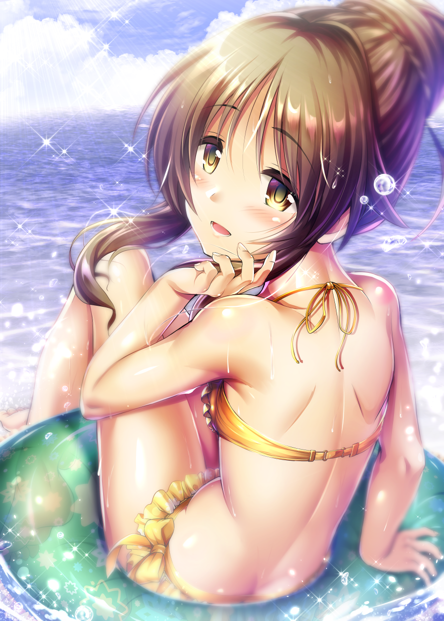 1girl :d arm_support barefoot bikini braided_bun brown_eyes brown_hair butt_crack clouds day eyebrows_visible_through_hair frilled_bikini frills from_behind hair_between_eyes halterneck hand_in_hair highres idolmaster idolmaster_cinderella_girls innertube long_hair looking_at_viewer looking_back ment ocean open_mouth outdoors shiny shiny_hair sidelocks sitting smile soles solo sparkle swimsuit takamori_aiko tied_hair transparent yellow_bikini