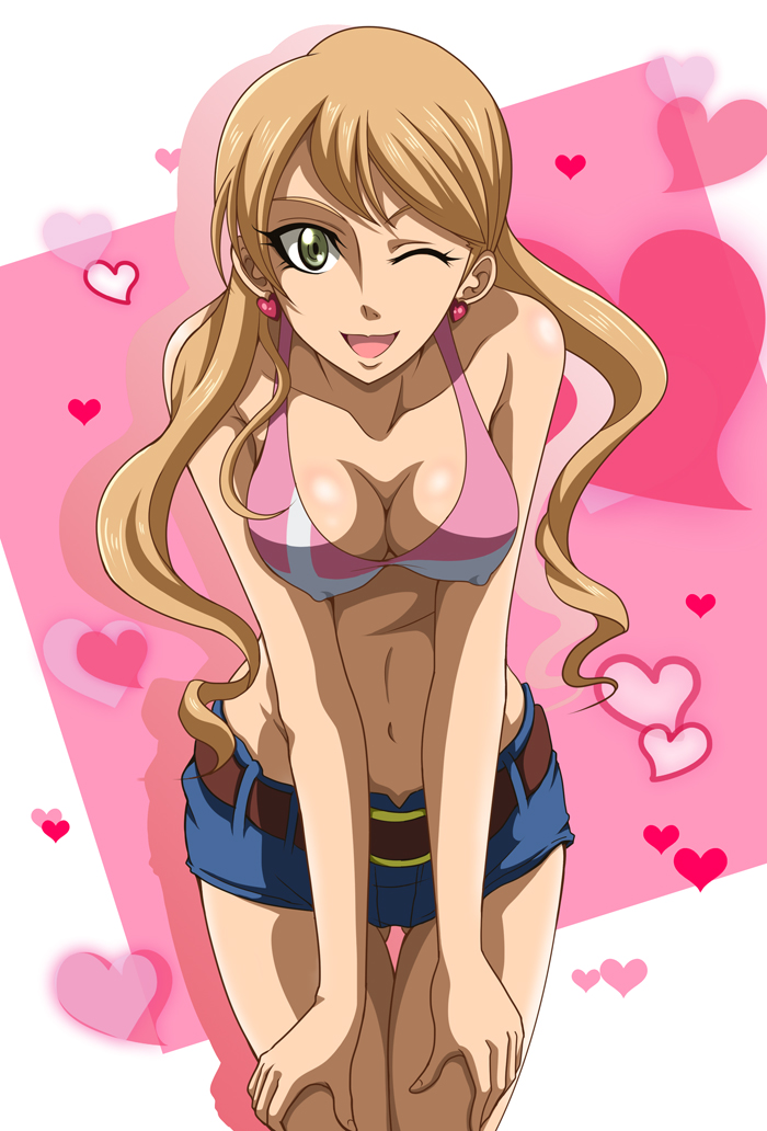 1girl ;d belt blue_shorts bra breasts cleavage collarbone cowboy_shot earrings erect_nipples floating_hair gluteal_fold green_eyes groin gundam gundam_tekketsu_no_orphans hands_on_lap hanzou heart heart_earrings jewelry lafter_frankland leaning_forward light_brown_hair long_hair looking_at_viewer medium_breasts midriff navel one_eye_closed open_mouth pink_bra shiny shiny_skin short_shorts shorts smile solo standing stomach thigh_gap twintails underwear