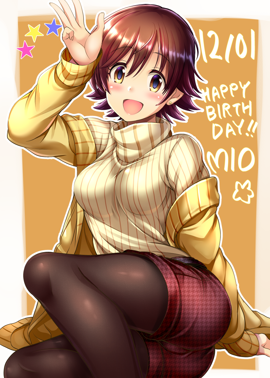 1girl :d arm_up black_legwear blush brown_hair character_name dated highres honda_mio idolmaster idolmaster_cinderella_girls looking_at_viewer ment open_mouth pantyhose pantyhose_under_shorts print_shorts red_shorts shiny shiny_hair short_hair short_shorts shorts sitting smile solo star striped sweater vertical_stripes white_sweater yellow_cardigan yellow_eyes