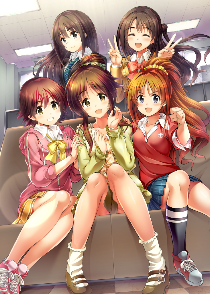5girls :d ahoge black_eyes black_jacket black_legwear blue_eyes blue_neckwear blue_skirt bow bowtie breasts brown_hair brown_jacket cleavage clenched_hand closed_eyes double_v eyebrows_visible_through_hair floating_hair green_eyes green_jacket grin hair_between_eyes hair_ornament hair_scrunchie hand_on_another's_shoulder high_ponytail hino_akane_(idolmaster) honda_mio hood hood_down hooded_jacket idolmaster idolmaster_cinderella_girls indoors jacket kneehighs lens_flare long_hair long_sleeves looking_at_viewer medium_breasts ment miniskirt multiple_girls necktie new_generations open_mouth pink_jacket pleated_skirt positive_passion red_bow red_shirt school_uniform scrunchie shibuya_rin shimamura_uzuki shirt shoes short_hair sidelocks sitting skirt smile sneakers standing striped_neckwear takamori_aiko v very_long_hair white_legwear yellow_bow yellow_scrunchie