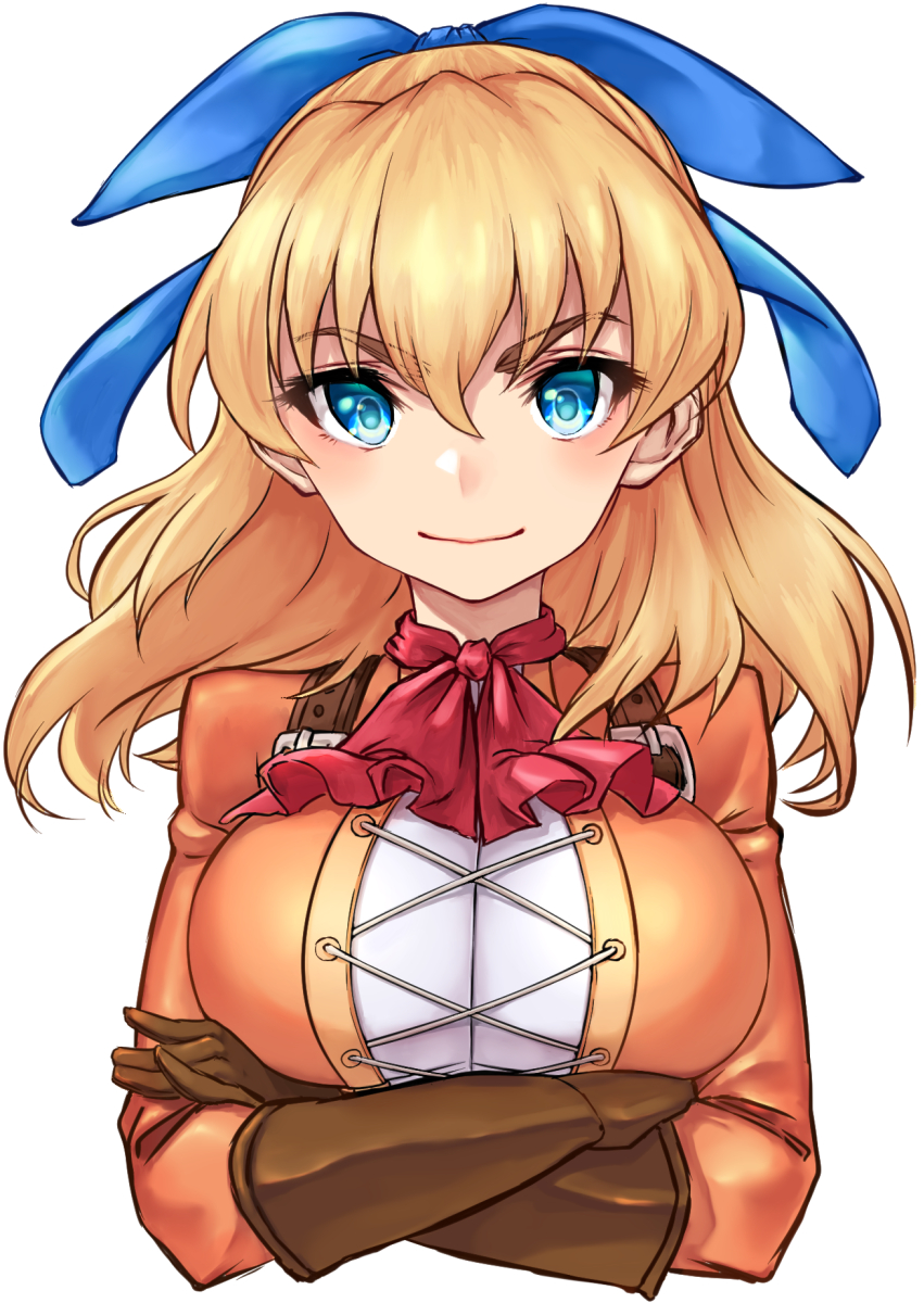 1girl blonde_hair blue_bow blue_eyes bow breasts brown_gloves closed_mouth crossed_arms gloves hair_bow highres large_breasts long_hair looking_at_viewer maya_schrodinger nyantiu orange_shirt shirt simple_background smile solo upper_body white_background wild_arms wild_arms_3