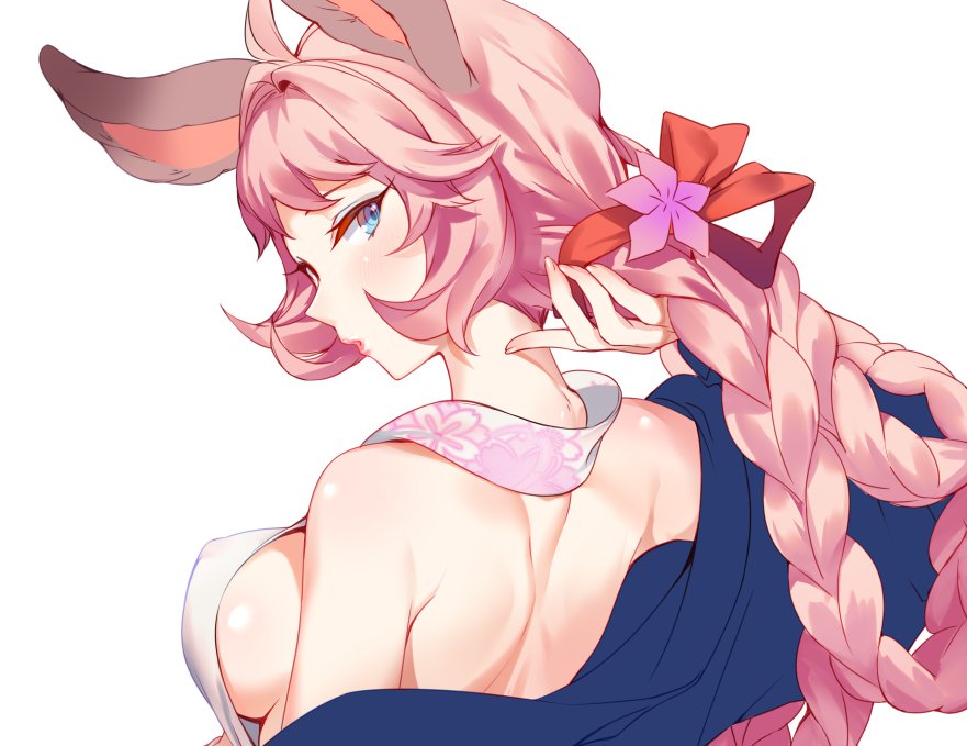 1girl ahoge aki663 alternate_costume animal_ears back bangs bare_shoulders blue_eyes blush breasts commentary_request erect_nipples erune esser eyebrows_visible_through_hair eyelashes eyeshadow floral_print from_behind granblue_fantasy lips long_eyelashes long_hair looking_at_viewer looking_back makeup medium_breasts pink_hair pink_lips sideboob simple_background solo swimsuit symbol_commentary upper_body very_long_hair