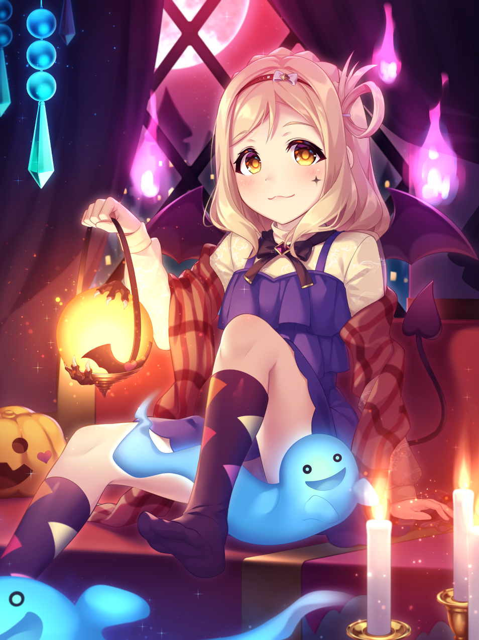 1girl :3 black_neckwear blanket blonde_hair blue_dress bow bowtie candle commentary_request dress facial_mark ghost hair_rings hairband halloween highres holding_lantern jack-o'-lantern knee_up kyouou_ena lantern light_blush looking_at_viewer love_live! love_live!_school_idol_festival love_live!_sunshine!! medium_hair moon night no_shoes ohara_mari pinafore_dress red_moon shirt sitting socks solo white_shirt will-o'-the-wisp_(mythology) window yellow_eyes