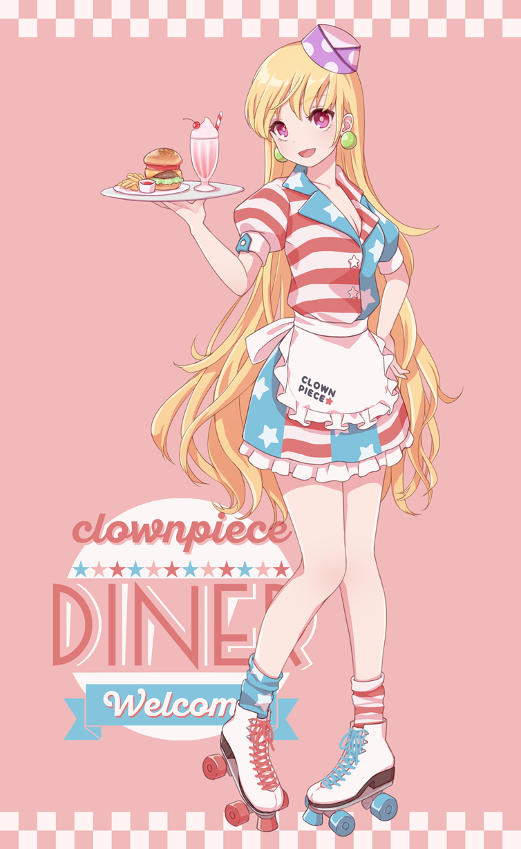 1girl :d adapted_costume alternate_headwear american_flag_legwear american_flag_shirt american_flag_skirt apron bangs blonde_hair blue_legwear blue_shirt blue_skirt blush border breasts character_name checkered checkered_border cherry cleavage clothes_writing clownpiece collarbone commentary cross-laced_footwear cup drinking_glass drinking_straw dtvisu earrings eyebrows_visible_through_hair food french_fries frilled_apron frills fruit full_body hamburger hand_on_hip hand_up hat head_tilt highres holding holding_tray ice_cream jewelry long_hair looking_at_viewer medium_breasts mini_hat miniskirt mismatched_legwear open_mouth petticoat pink_background pink_eyes plate polka_dot_hat puffy_short_sleeves puffy_sleeves purple_hat red_legwear red_shirt red_skirt roller_skates shirt short_sleeves simple_background skates skirt skirt_set smile socks solo standing star star_print striped striped_legwear striped_shirt striped_skirt sundae thighs touhou tray very_long_hair waist_apron white_apron white_footwear white_legwear white_shirt white_skirt