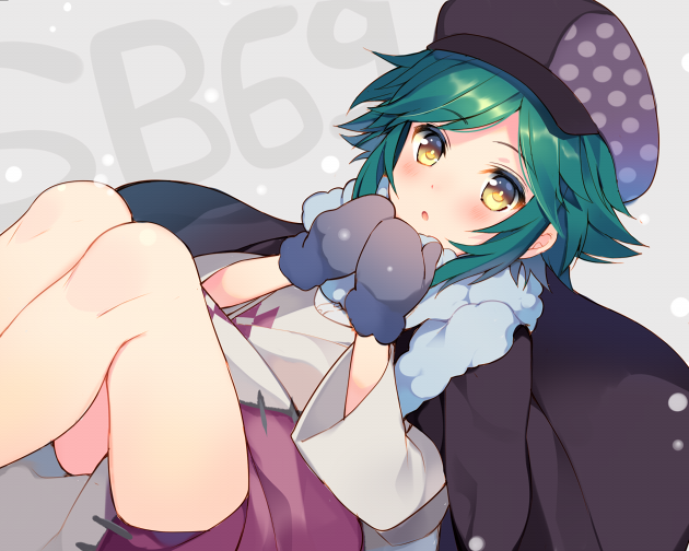 1boy androgynous blush cabbie_hat commentary_request copyright_name dutch_angle green_hair grey_background hand_to_own_mouth hands_up hat knees long_sleeves looking_at_viewer male_focus mayachi_(amuriya) mittens show_by_rock!! simple_background snowing solo tsugihagi_(show_by_rock!!) yellow_eyes