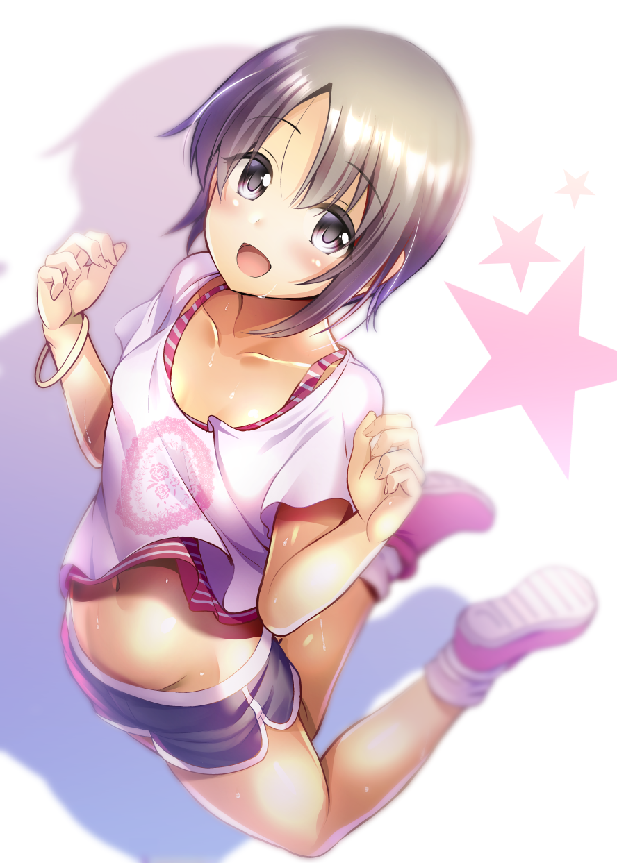 1girl :d black_shorts blush bracelet collarbone eyebrows_visible_through_hair grey_eyes groin highres idolmaster idolmaster_cinderella_girls jewelry jumping legs_up looking_at_viewer ment midriff navel open_mouth otokura_yuuki shiny shiny_hair shirt shoes short_hair short_shorts short_sleeves shorts silver_hair smile sneakers socks solo star stomach striped sweater white_background white_legwear white_shirt