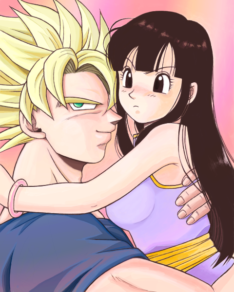 1boy 1girl arms_around_neck bare_arms bare_shoulders black_eyes black_hair blonde_hair bracelet breasts chi-chi_(dragon_ball) chinese_clothes couple dragon_ball dragonball_z fingernails frown gradient gradient_background green_eyes hands_on_another's_back hetero jewelry light_smile long_hair looking_away masa_(p-piyo) orange_background pink_background profile short_hair simple_background sleeveless smile son_gokuu spiky_hair super_saiyan upper_body