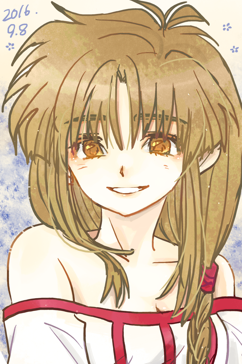 1girl 2016 :d arc_the_lad arc_the_lad_ii bare_shoulders breasts brown_eyes brown_hair cleavage collarbone commentary_request highres lieza long_hair looking_at_viewer off_shoulder open_mouth smile solo teeth upper_body yadoso