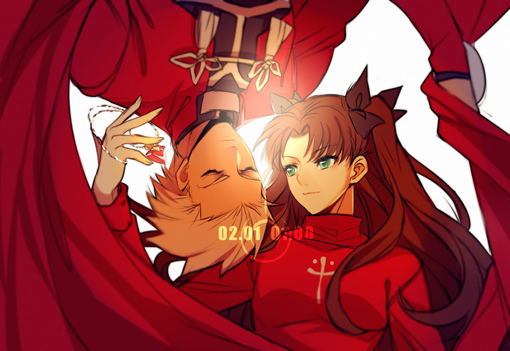 1boy 1girl archer black_bow bow brown_hair couple eyebrows_visible_through_hair fate/stay_night fate_(series) floating_hair green_eyes hair_bow long_hair red_sweater silver_hair sweater tohsaka_rin twintails upper_body very_long_hair white_background yaoshi_jun