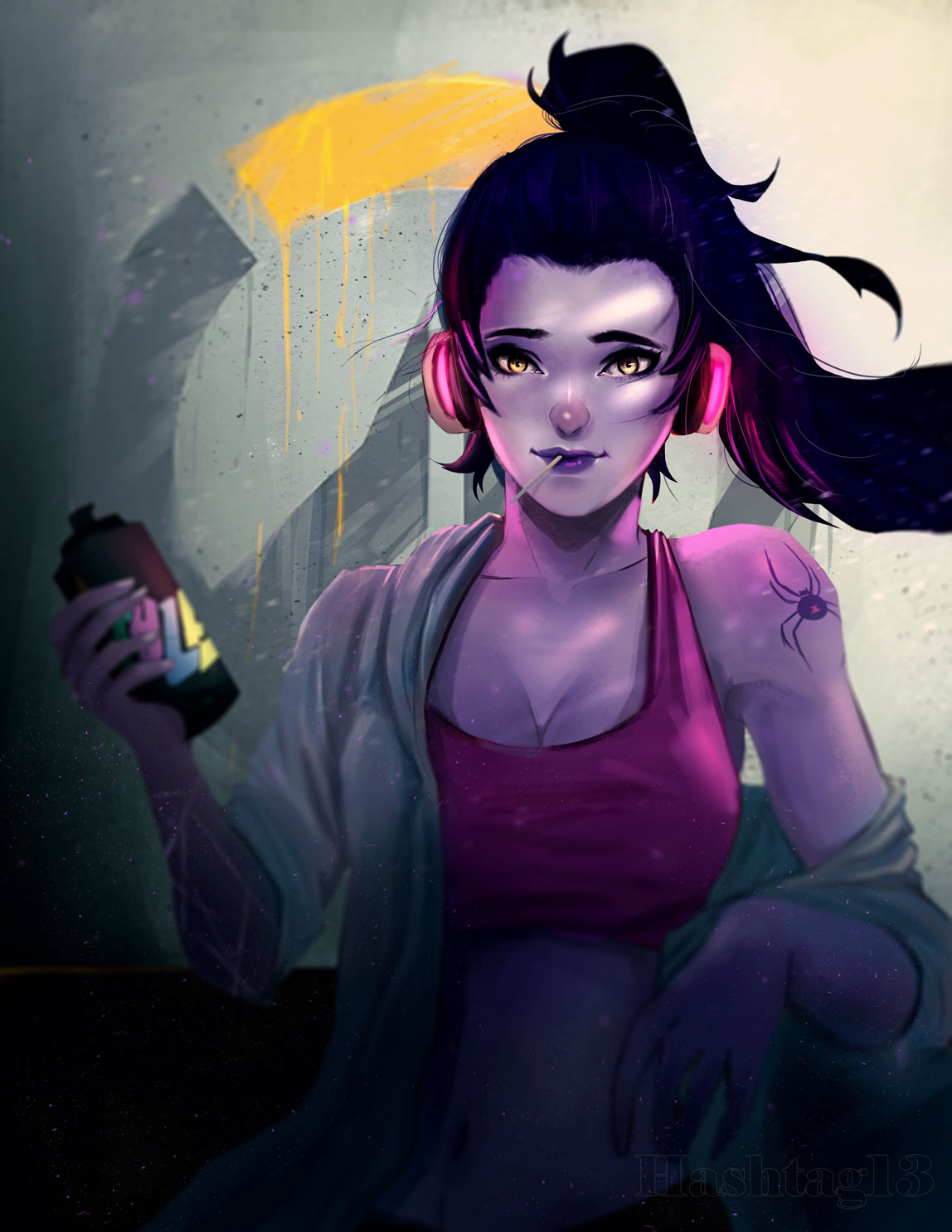 1girl black_hair black_widow_(spider) bottle breasts candy cleavage closed_mouth commentary english_commentary food headset high_ponytail highres holding holding_bottle large_breasts lips lipstick lollipop long_hair long_sleeves looking_at_viewer makeup navel open_clothes open_shirt overwatch overwatch_(logo) ponytail purple_lipstick purple_skin shirt shoulder_tattoo sleeves_pushed_up solo spider_tattoo sports_bra stomach tattoo trung_doan white_shirt widowmaker_(overwatch) yellow_eyes