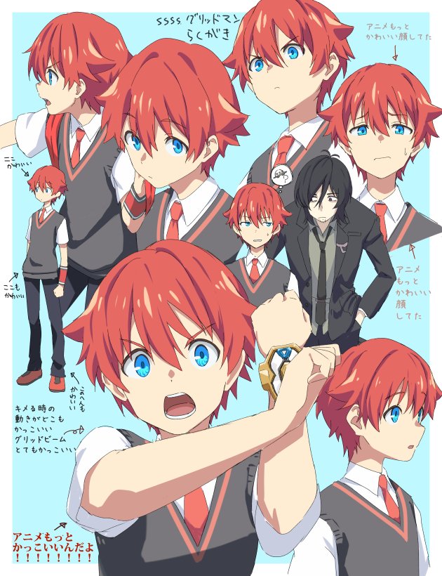 2boys bangs black_neckwear black_pants black_suit blue_eyes collared_shirt commentary_request expressions eyebrows_visible_through_hair formal grey_shirt hand_on_hip hand_up hibiki_yuuta long_sleeves looking_at_another looking_at_viewer lowkey_drawing male_focus multiple_boys necktie open_clothes pants red_footwear red_neckwear redhead samurai_calibur school_uniform shirt shoes short_hair short_sleeves sneakers ssss.gridman suit thought_bubble translation_request waistcoat white_shirt wing_collar