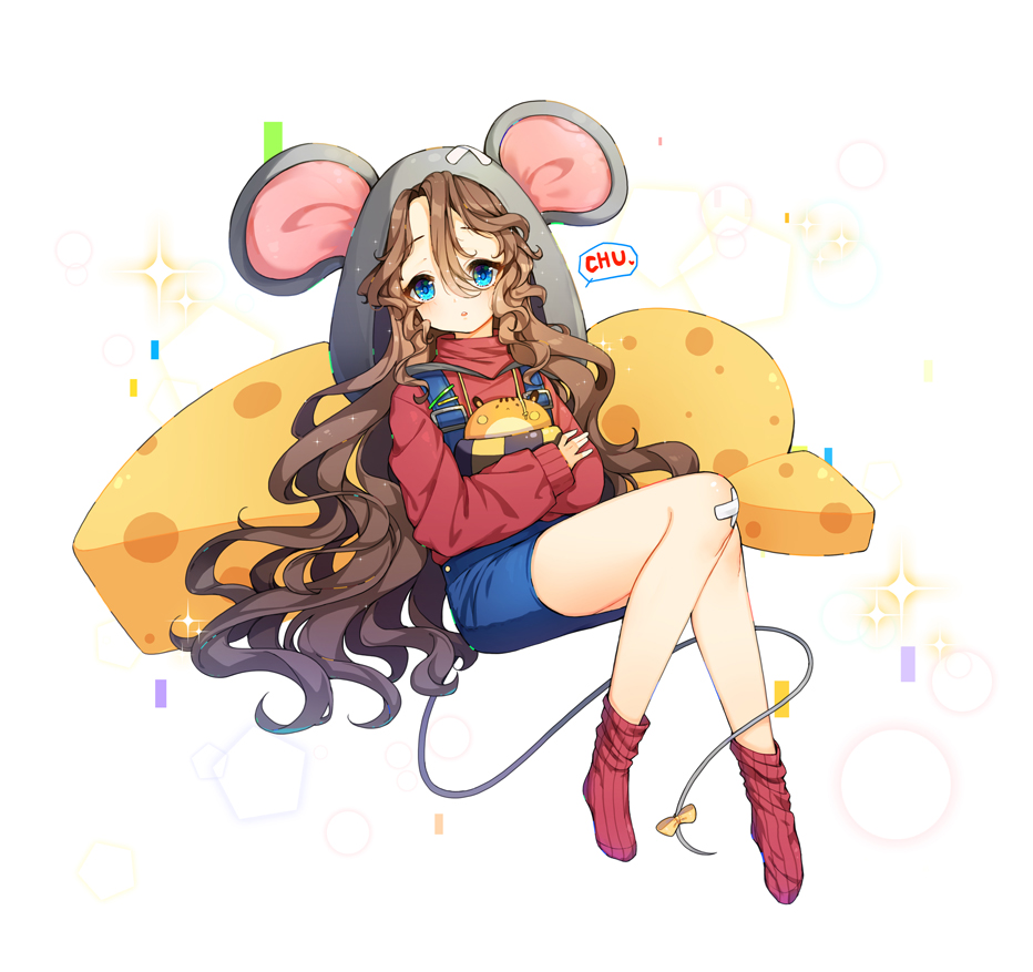 1girl :o animal_ears animal_hood bangs blush bow brown_hair cheese commentary eyebrows_visible_through_hair food hair_between_eyes hood hood_up long_hair long_sleeves looking_at_viewer mouse_ears mouse_girl mouse_hood mouse_tail no_shoes original overall_skirt parted_lips red_legwear red_shirt ribbed_legwear romaji romaji_commentary shirt sitting sleeves_past_wrists socks solo sparkle tail tail_bow tp_(kido_94) very_long_hair white_background yellow_bow