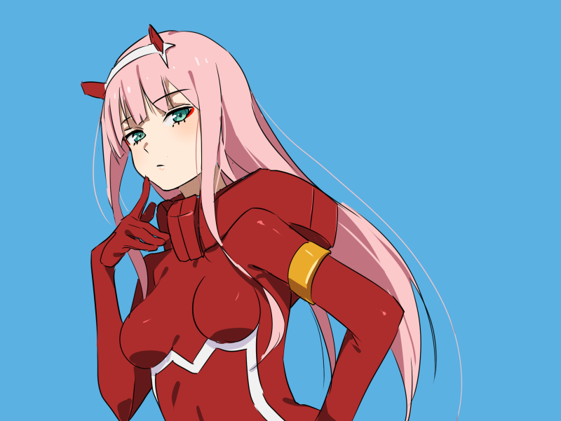 1girl blue_background bodysuit breasts closed_mouth darling_in_the_franxx domo1220 eyeshadow finger_to_mouth green_eyes green_hairband hairband hand_on_hip hand_up horns long_hair looking_at_viewer makeup medium_breasts pilot_suit pink_hair red_bodysuit simple_background solo upper_body very_long_hair zero_two_(darling_in_the_franxx)