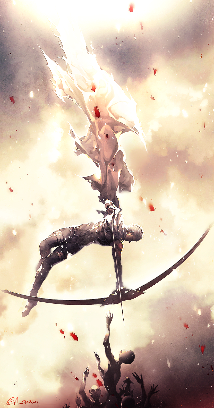 1boy archer arrow bow_(weapon) brown_bodysuit clouds cloudy_sky dark_skin dark_skinned_male day drawing_bow fate/stay_night fate_(series) grey_hair highres holding holding_arrow holding_bow_(weapon) holding_weapon long_sleeves looking_down midair outstretched_arm profile robe silhouette sky sunlight torn_clothes torn_robe twitter_username weapon white_robe zelovel