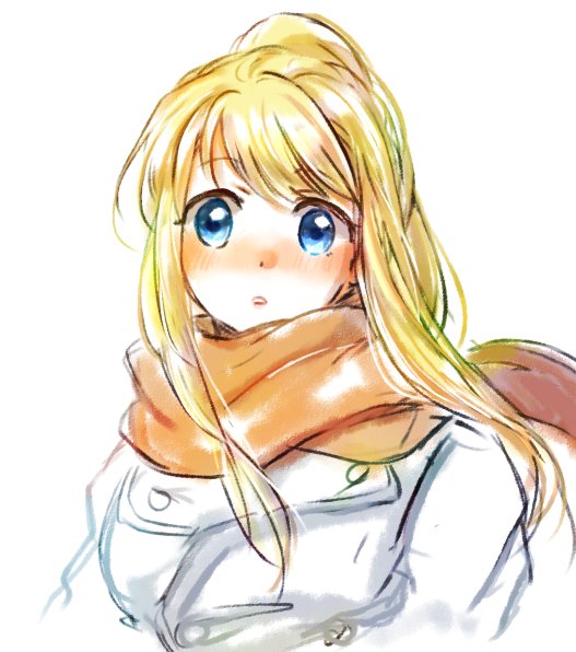 1girl :o bangs black_coat blonde_hair blue_eyes blush close-up clothes_lift coat expressionless eyebrows_visible_through_hair eyelashes floating_hair fullmetal_alchemist long_hair looking_away open_mouth orange_neckwear orange_scarf scarf simple_background solo tsukuda0310 upper_body white_background winry_rockbell