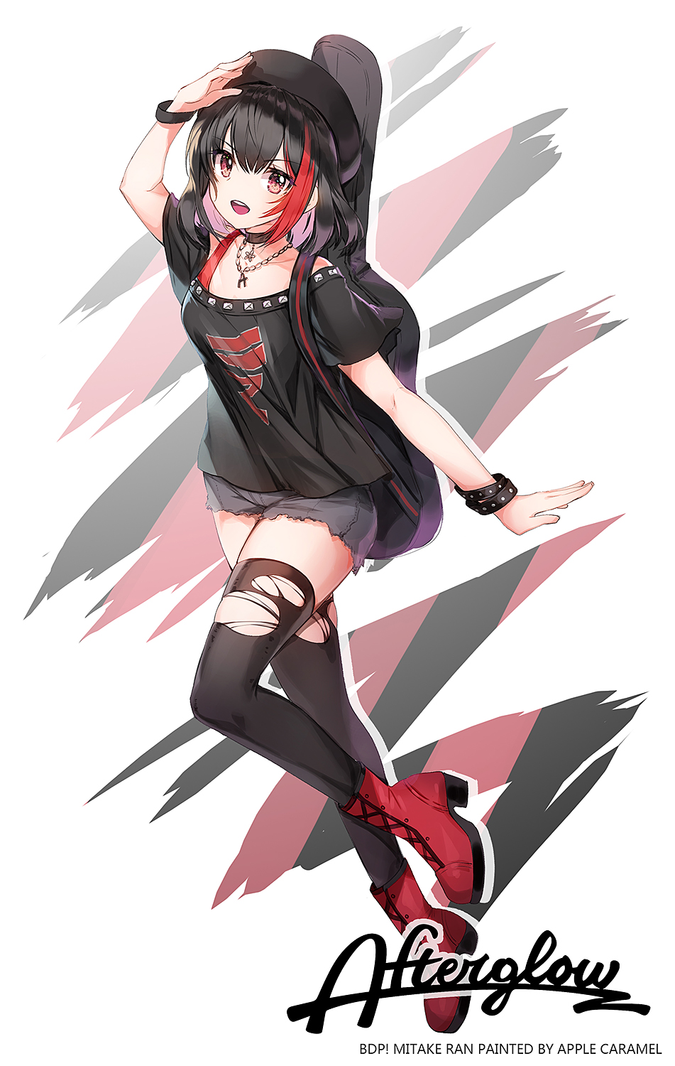1girl afterglow_(bang_dream!) apple_caramel arm_up armband artist_name bang_dream! bangs beret black_choker black_hair black_hat black_legwear black_shirt boots character_name choker collarbone commentary_request eyebrows_visible_through_hair full_body hair_between_eyes hat high_heel_boots high_heels highres instrument_case looking_at_viewer mitake_ran multicolored_hair red_eyes red_footwear redhead shirt short_sleeves solo streaked_hair thigh-highs torn_clothes torn_legwear v-shaped_eyebrows white_background