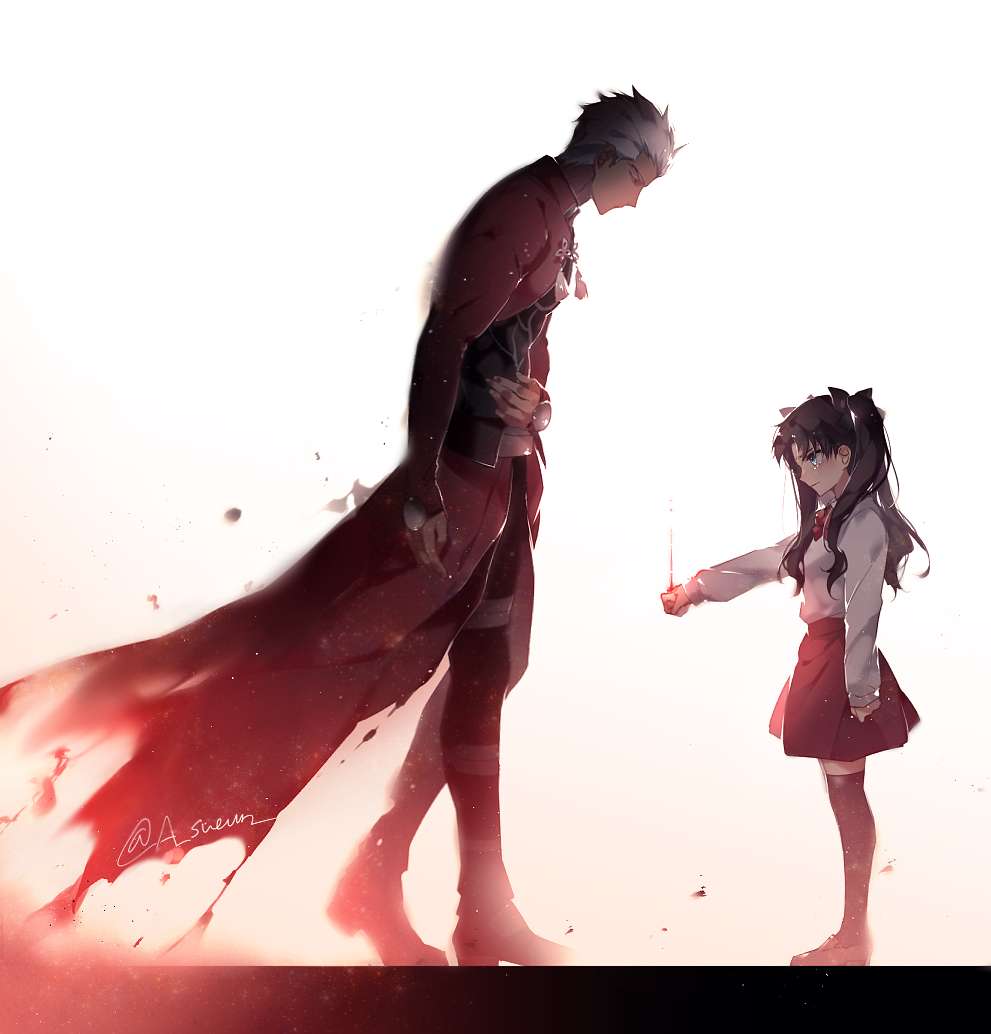 1boy 1girl archer black_legwear blue_eyes boots bow facing_another fate/stay_night fate_(series) long_sleeves looking_down red_bow red_cloak shirt standing tears tohsaka_rin twintails white_hair white_shirt zelovel
