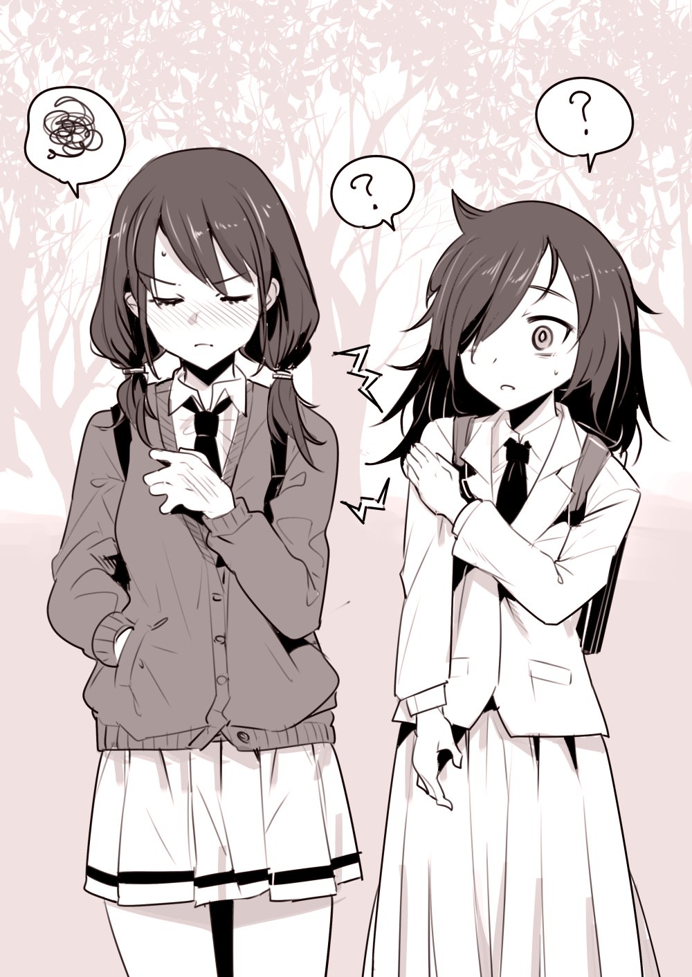 &gt;:( 2girls ? blazer blush cardigan closed_eyes commentary_request hair_over_one_eye hand_in_pocket hand_on_own_chest hand_on_own_shoulder highres jacket kuroki_tomoko long_skirt monochrome multiple_girls nakasone_haiji necktie pleated_skirt school_uniform skirt spoken_question_mark spoken_squiggle squiggle sweatdrop tamura_yuri tree v-shaped_eyebrows watashi_ga_motenai_no_wa_dou_kangaetemo_omaera_ga_warui!