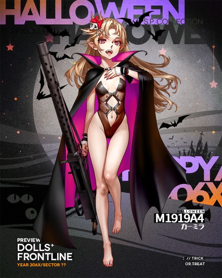 1girl as109 ass_visible_through_thighs barefoot bat blonde_hair bodysuit bone bow breasts cape cosplay fangs fingernails full_body girls_frontline gun hair_bow hair_ornament halloween halloween_costume hand_on_own_chest heavy_machine_gun holding holding_weapon leotard long_fingernails looking_at_viewer m1919_(girls_frontline) machine_gun nail_polish navel navel_cutout official_art open_mouth red_bow skin_tight skull small_breasts solo thigh_gap toenail_polish vampire walking weapon wind wrist_cuffs