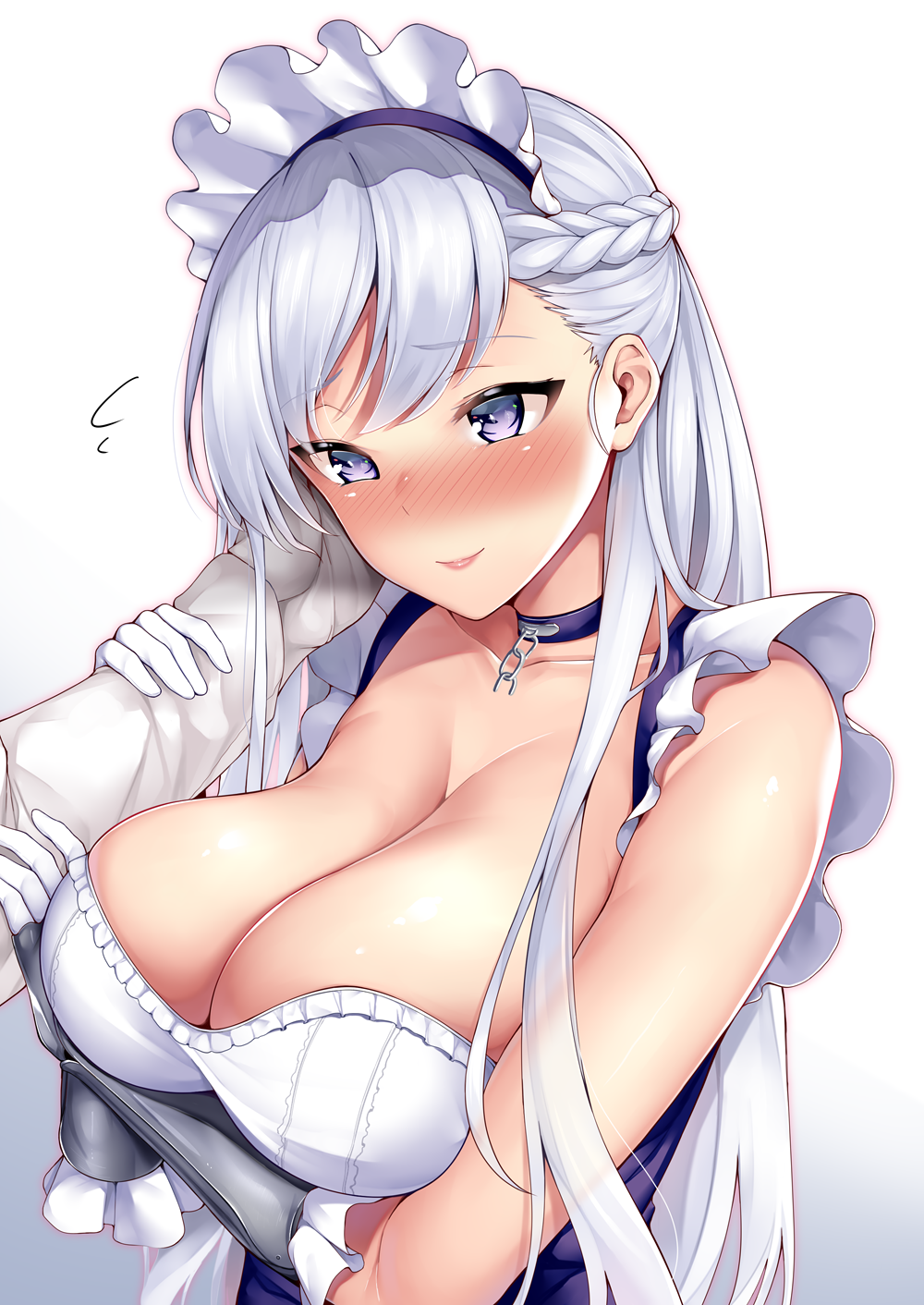 1boy 1girl 3104_(3104milkshake) apron arm_guards azur_lane bangs belfast_(azur_lane) blue_eyes blush braid breasts chains cleavage collar collarbone commentary_request dress eyebrows_visible_through_hair french_braid frilled_gloves frills gloves gradient gradient_background highres holding_another's_arm jacket large_breasts long_hair maid maid_headdress shiny shiny_skin silver_hair simple_background skindentation smile solo white_gloves white_jacket
