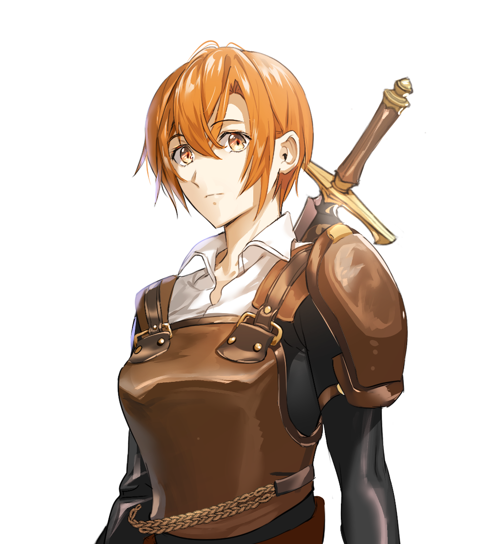 1girl androgynous breastplate brown_eyes brown_hair collared_shirt ddaomphyo hair_between_eyes long_sleeves looking_at_viewer original shirt short_hair shoulder_armor simple_background solo standing sword upper_body weapon white_background white_shirt wing_collar