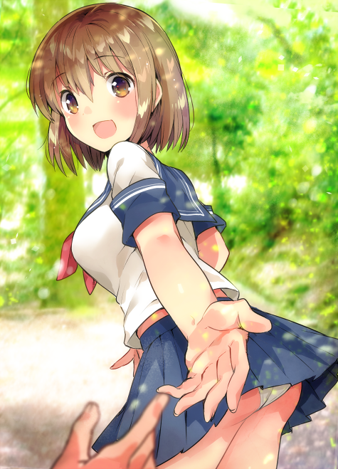 1girl :d ass bangs blue_sailor_collar blue_skirt blurry blurry_background blush brown_eyes brown_hair commentary_request day depth_of_field eyebrows_visible_through_hair fingernails hair_between_eyes ichihaya neckerchief open_mouth original out_of_frame outdoors outstretched_arm panties pleated_skirt red_neckwear sailor_collar school_uniform serafuku shirt short_sleeves skirt smile solo_focus standing underwear white_panties white_shirt
