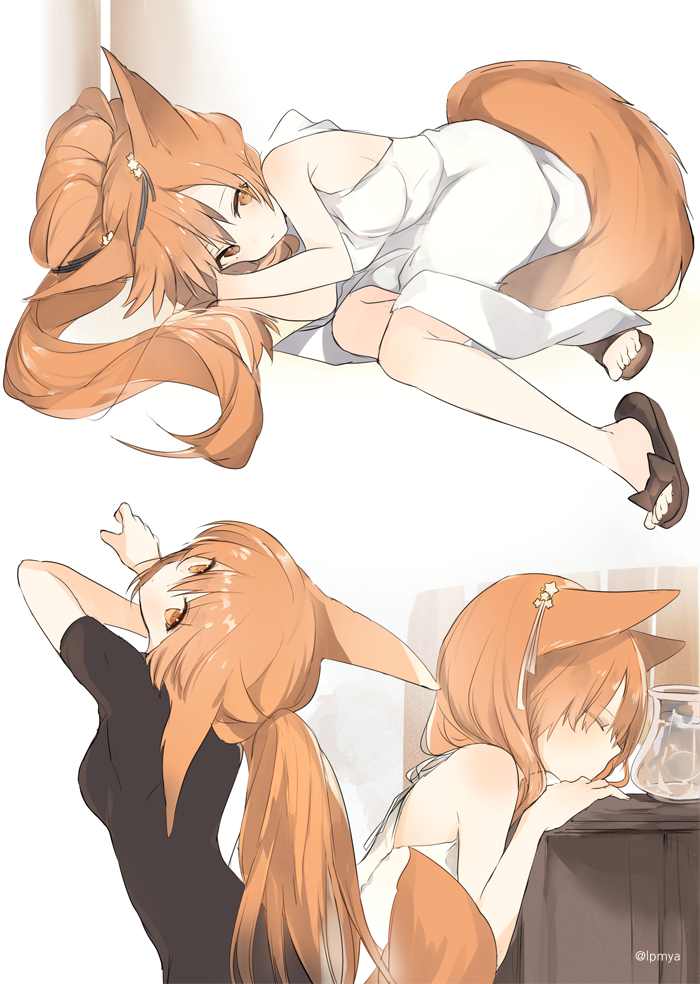 1girl animal_ears bare_arms bare_legs bare_shoulders body_blush breasts brown_footwear closed_eyes commentary_request copyright_request dress flip-flops fox_ears fox_girl fox_tail korean_commentary long_hair looking_at_viewer lpip multiple_views orange_eyes orange_hair sandals tail white_dress