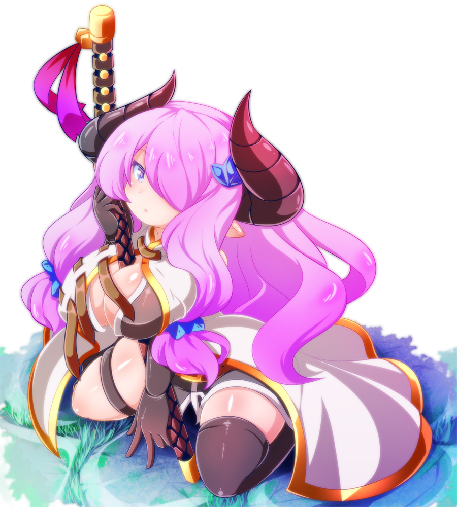 1girl between_breasts black_gloves black_legwear breasts cleavage cobblestone commentary_request draph elbow_gloves gloves granblue_fantasy grass hair_ornament hair_over_one_eye hairclip horns katana kneeling large_breasts long_hair mismatched_legwear narmaya_(granblue_fantasy) oborotsuki_kakeru open_clothes partial_commentary pointy_ears purple_hair sheath sheathed sidelocks single_thighhigh solo sword thigh-highs thigh_strap transparent_background very_long_hair violet_eyes weapon