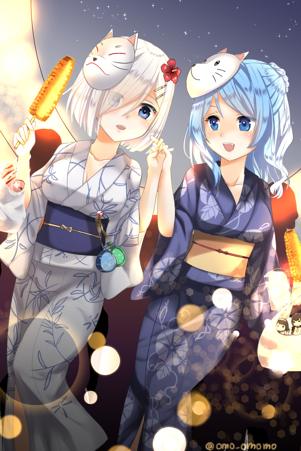 2girls :d blue_eyes blue_hair character_doll commentary_request corn eyes_visible_through_hair fox_mask hair_ornament hair_over_one_eye hairband hairclip hamakaze_(kantai_collection) hand_holding highres isokaze_(kantai_collection) japanese_clothes kantai_collection kimono long_hair mask multiple_girls obi omoomomo open_mouth sash short_hair smile tanikaze_(kantai_collection) twitter_username urakaze_(kantai_collection)