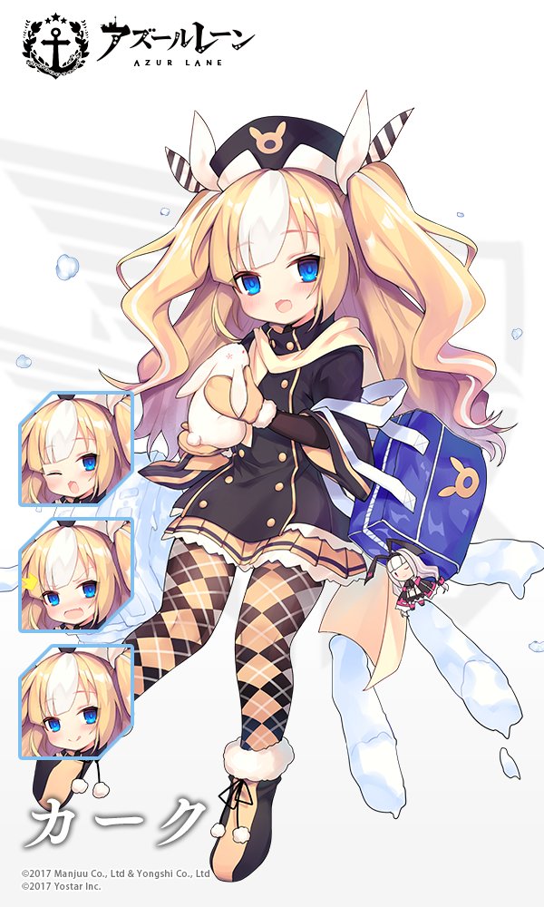 /\/\/\ 1girl :d :q ;d anchor_symbol animal argyle argyle_legwear artist_request azur_lane bag bag_charm black_dress black_footwear black_hat blonde_hair blue_eyes blush brown_mittens character_doll charm_(object) closed_mouth commentary_request copyright_name diagonal_stripes dress expressions full_body fur-trimmed_boots fur-trimmed_mittens fur_trim hair_ribbon hat head_tilt holding holding_animal kalk_(azur_lane) long_hair long_sleeves looking_at_viewer mittens multicolored_hair official_art one_eye_closed open_mouth pantyhose rabbit ribbon school_bag smile streaked_hair striped striped_ribbon tongue tongue_out two_side_up very_long_hair white_hair white_ribbon wide_sleeves