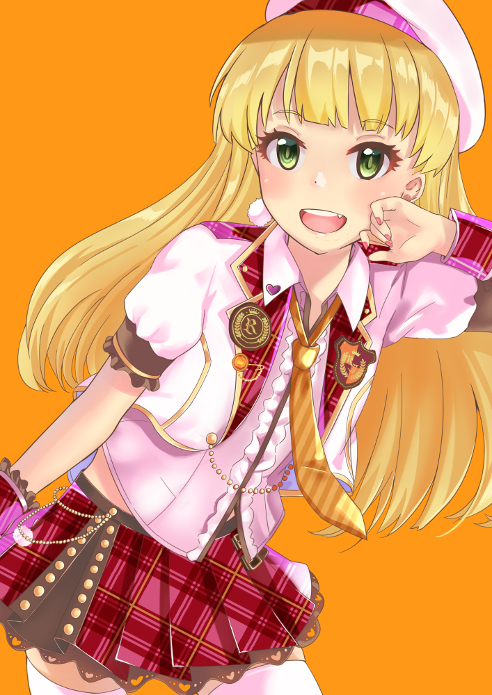 1girl :d blonde_hair dress dress_shirt fan floating_hair green_eyes hat idolmaster idolmaster_cinderella_girls jougasaki_rika koukoku layered_dress long_hair looking_at_viewer miniskirt nail_polish necktie open_mouth orange_background pink_nails pink_shirt pleated_skirt red_skirt shiny shiny_hair shirt short_sleeves simple_background skirt smile solo standing striped_neckwear thigh-highs white_hat yellow_neckwear zettai_ryouiki