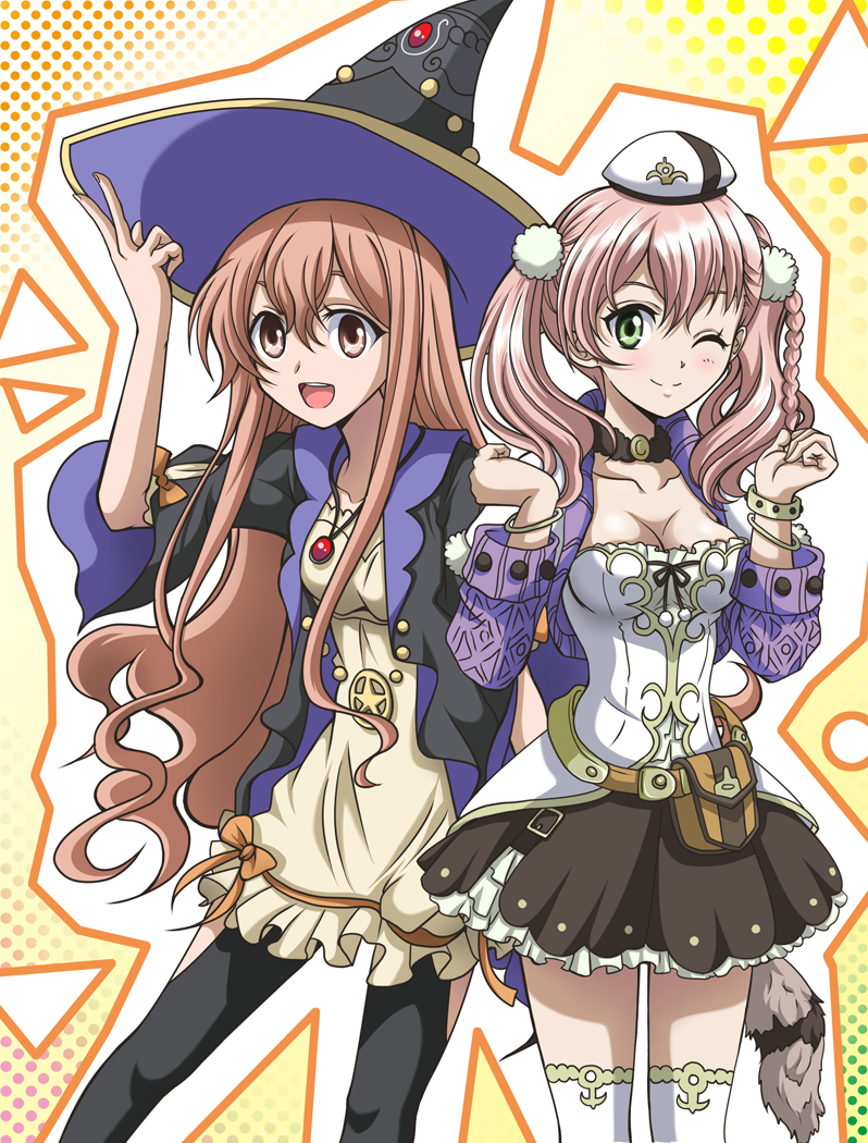 2girls :d ;d atelier_(series) atelier_escha_&amp;_logy black_jacket black_legwear black_skirt blush breasts brown_eyes brown_hair choker cleavage collarbone dress escha_malier floating_hair green_eyes hair_between_eyes hair_ornament hanzou hat jacket jewelry layered_skirt long_hair looking_at_viewer medium_breasts miniskirt multiple_girls necklace one_eye_closed open_clothes open_jacket open_mouth pink_hair shiny shiny_hair short_dress skirt smile standing tail thigh-highs twintails v very_long_hair white_dress white_hat white_legwear wilbell_voll=erslied witch_hat zettai_ryouiki