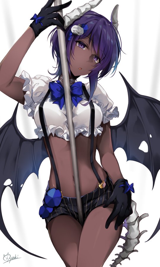 1girl bat_wings black_gloves crop_top dark_skin demon_horns fate/grand_order fate_(series) frills gloves hair_ornament hassan_of_serenity_(fate) hirai_yuzuki horns looking_at_viewer midriff pole shorts skull_mask violet_eyes wings