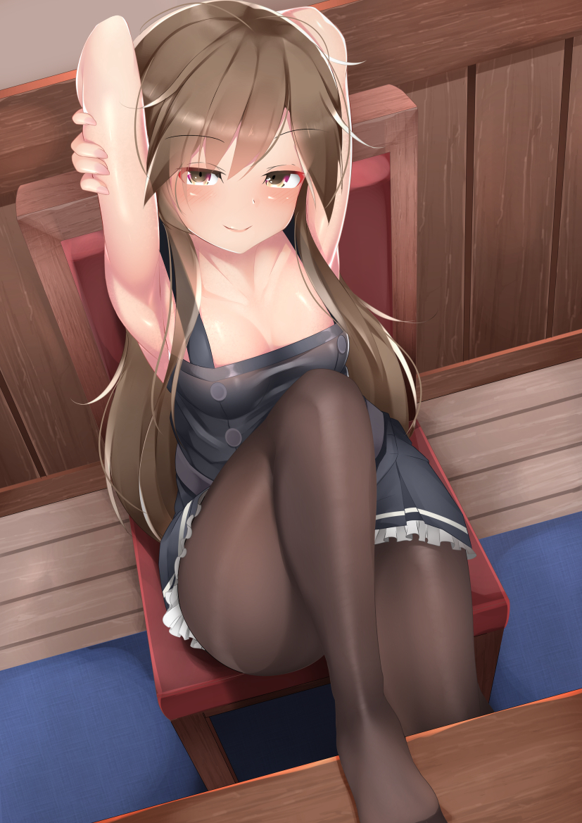 1girl arashio_(kantai_collection) armpits arms_behind_back black_legwear breasts brown_eyes brown_hair brown_legwear carpet chair collarbone desk dress eyebrows_visible_through_hair frilled_dress frills from_above hair_between_eyes indoors kantai_collection long_hair looking_at_viewer looking_up ne_an_ito no_shirt office office_chair pantyhose pinafore_dress remodel_(kantai_collection) school_uniform sitting small_breasts smile table