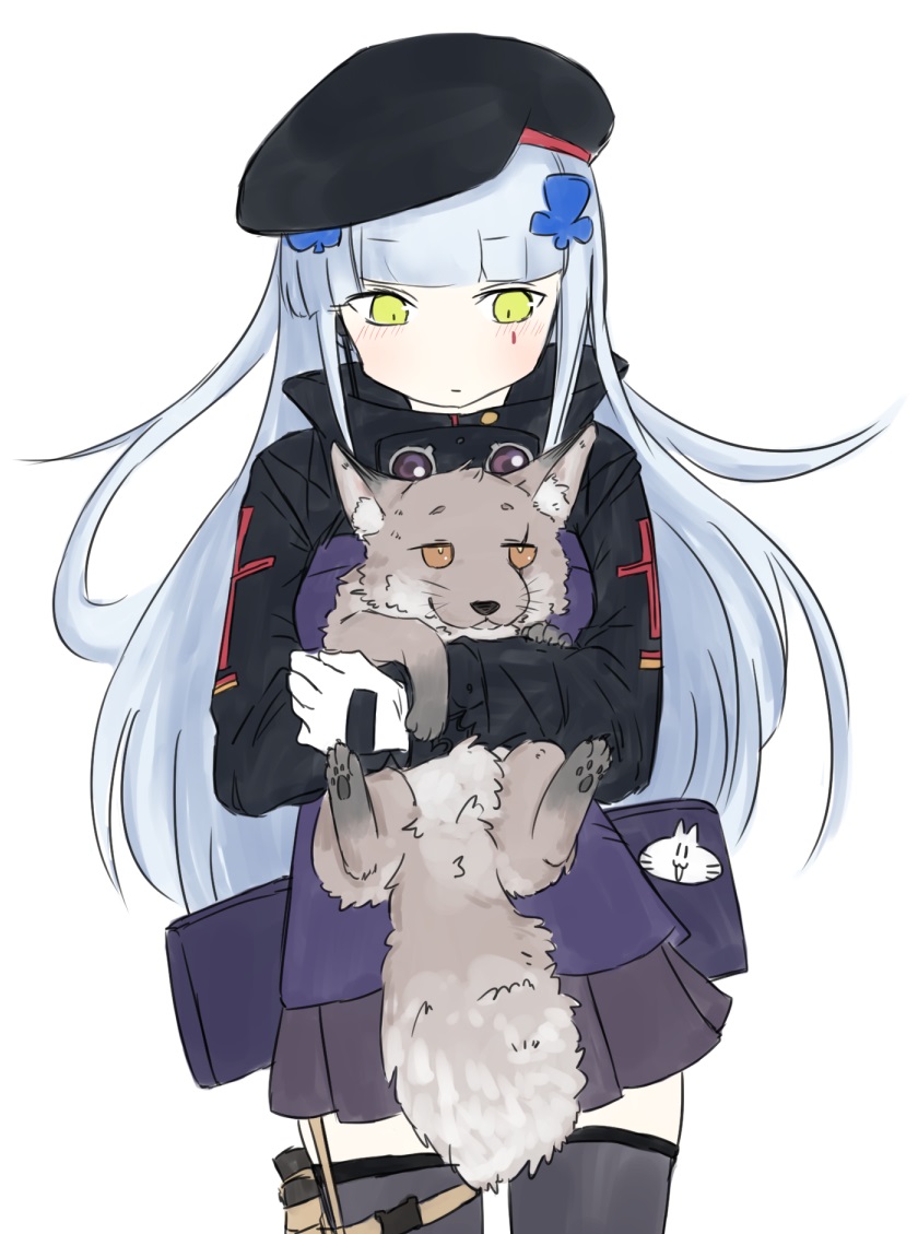 1girl animalization artist_request beret blush commentary_request embarrassed fox girls_frontline gloves grey_hair gun hat hk416_(girls_frontline) hug jacket scar scar_across_eye silver_hair smile tail thigh-highs ump45_(girls_frontline) weapon