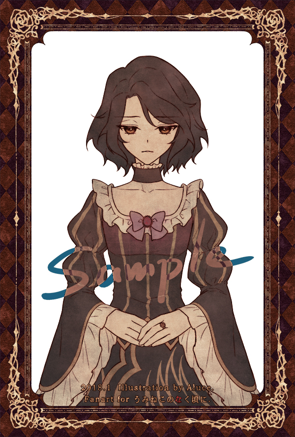 1girl aluce bangs black_choker black_dress bow bowtie brown_eyes brown_hair character_request choker collar dress fingers_together frilled_choker frilled_collar frilled_sleeves frills hands_together jewelry light_frown long_sleeves looking_at_viewer pink_bow ring sample short_hair solo swept_bangs umineko_no_naku_koro_ni white_background white_frills wide_sleeves
