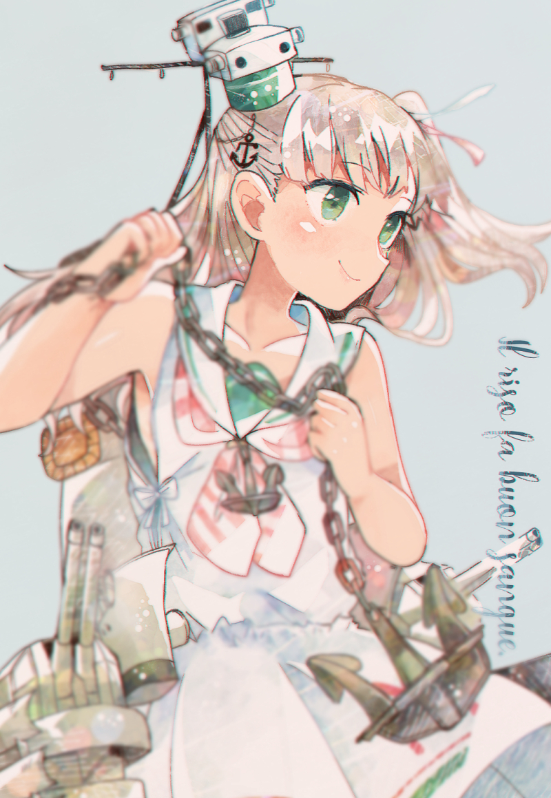 1girl anchor_hair_ornament anchor_necklace bangs blunt_bangs cannon chains cowboy_shot dress eyebrows_visible_through_hair green_eyes grey_background hair_ornament hair_ribbon italian itomugi-kun kantai_collection long_hair looking_to_the_side machinery maestrale_(kantai_collection) one_side_up ribbon sailor_collar sailor_dress silver_hair simple_background sleeveless sleeveless_dress solo torpedo_tubes turret white_dress white_ribbon