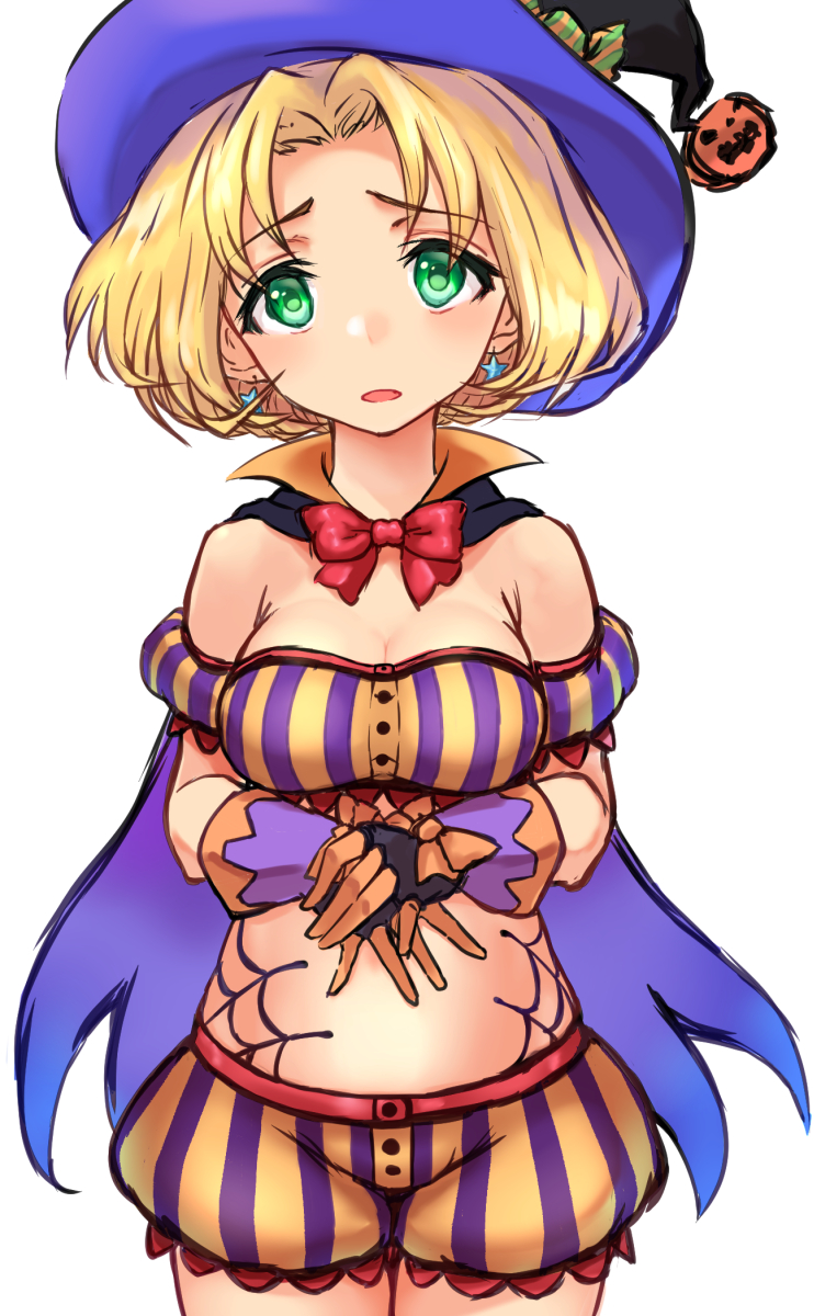 1girl alternate_costume bangs blonde_hair bloomers bow bowtie breasts cape cecilia_lynne_adelhyde cleavage cowboy_shot earrings gloves green_eyes halloween hat highres jewelry midriff multicolored multicolored_clothes multicolored_gloves nyantiu parted_bangs popped_collar purple_cape raised_eyebrows red_bow short_hair silk simple_background solo spider_web striped underwear vertical_stripes white_background wild_arms wild_arms_1 witch_hat